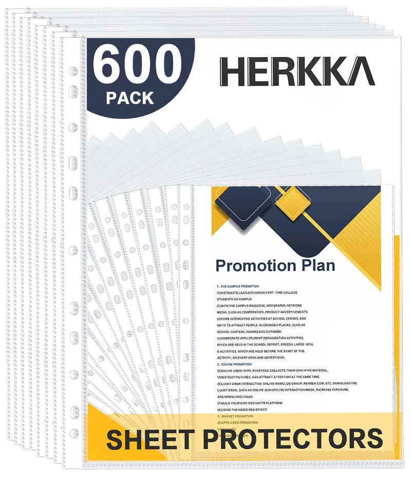 HERKKA Sheet Protectors, HERKKA 600 Pack Upgrade Clear Plastic Page Protectors Sheet Reinforced 11-Hole Fit for 3 Ring Binder Fits Standard 8.5 x 11 Paper, 9.25 x 11.25 Top Loaded, Non-Acid - Image 1